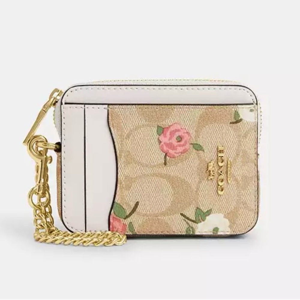 Coach Zip Card Case In Signature Canvas With Floral Print